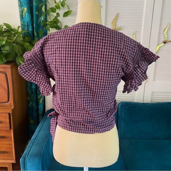 Flutter Sleeve Side Tie Wrap Top Plaid Small New Cotton Smocked Fall - Picture 4 of 6